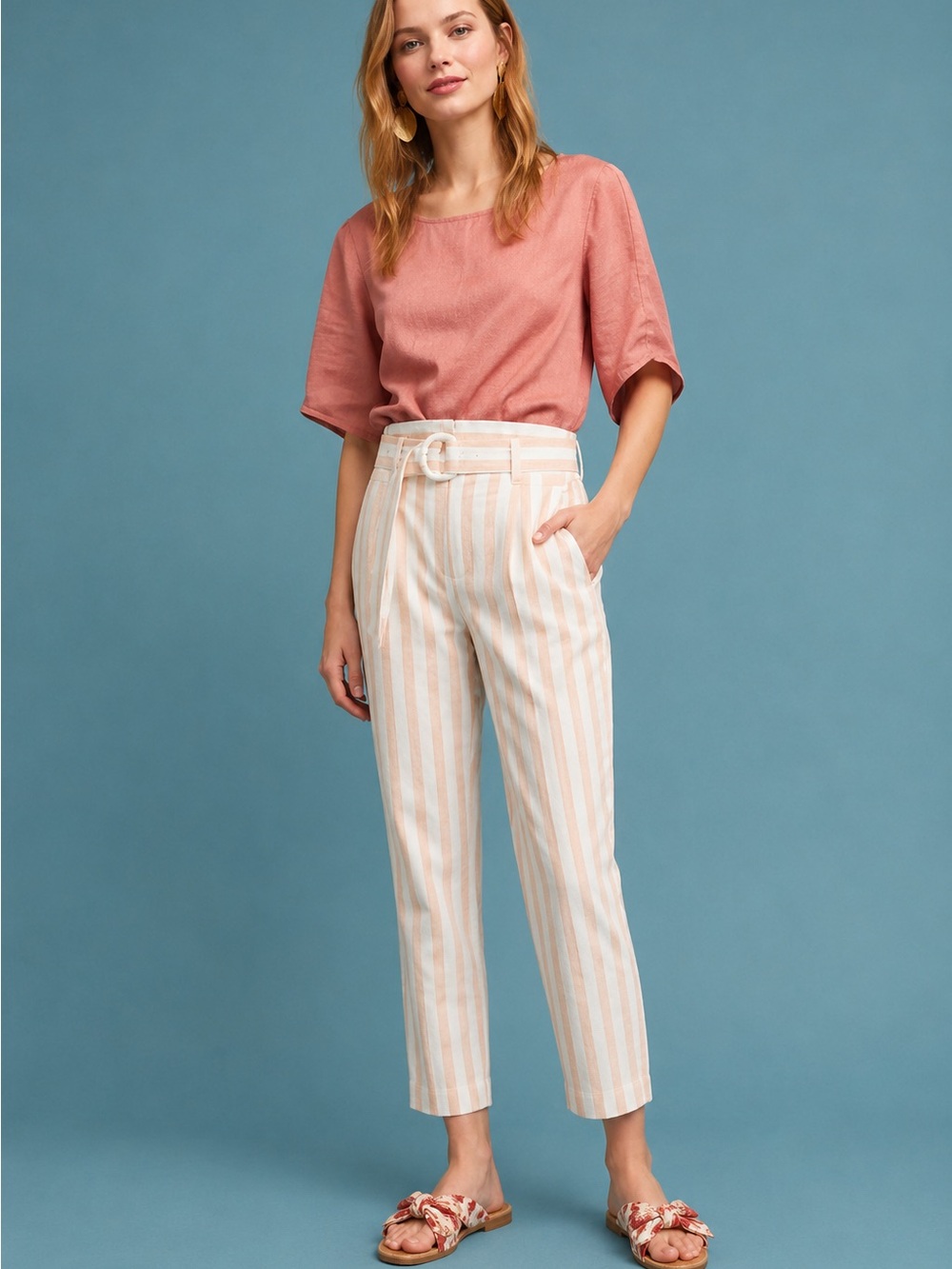 Anthropologie Oasis Linen Cotton Striped Pants in Peach &‎ Cream Coastal